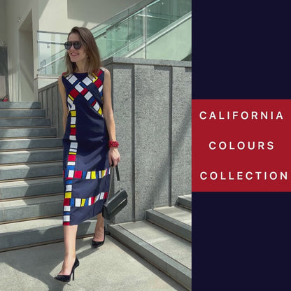 POPPIE CALIFORNIA COLORS MONDRIAN HAND WOVEN COTTON PATCHWORK DRESS
