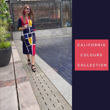 MEADOW CALIFORNIA COLORS MONDRIAN HAND WOVEN COTTON PATCHWORK DRESS