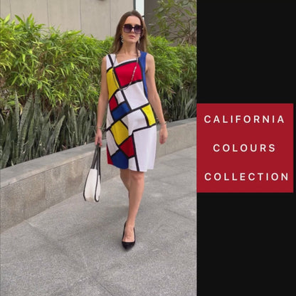 PRISCILLA CALIFORNIA COLORS MONDRIAN HAND WOVEN COTTON PATCHWORK DRESS
