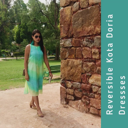 STEPHANIE SANTORINI STRIPES SILK KOTA DORIA REVERSIBLE DRESS