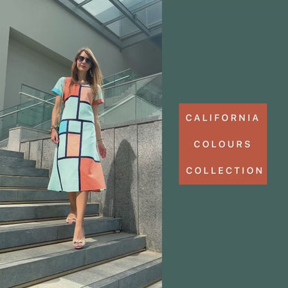 MCKENNA CALIFORNIA COLORS MONDRIAN HAND WOVEN COTTON PATCHWORK DRESS