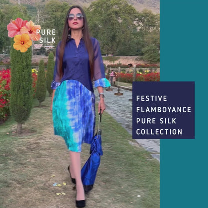DONNA FESTIVE FLAMBOYANCE PURE SILK PLEATED DRESS