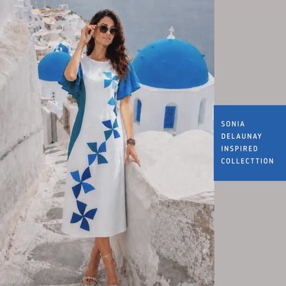 SINDEE SONIA DELAUNAY INSPIRED HAND WOVEN COTTON PATCHWORK DRESS